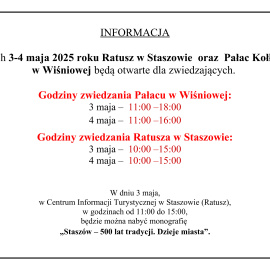 Ratusz w Staszowie i Pałac w Wiśniowej otwarte 3 i 4 maja