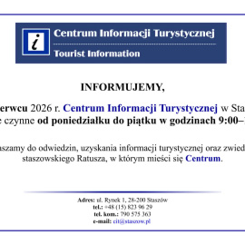 Godziny otwarcia Centrum Informacji Turystycznej w Staszowie – czerwiec 2026