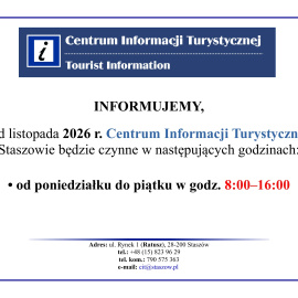 Godziny otwarcia Centrum Informacji Turystycznej w Staszowie od listopada 2026r.